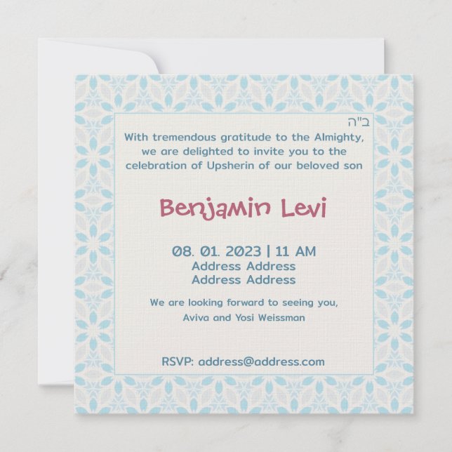 Convite Upsherin First Haircut Jewish Boy aniversário de 3 (Frente)