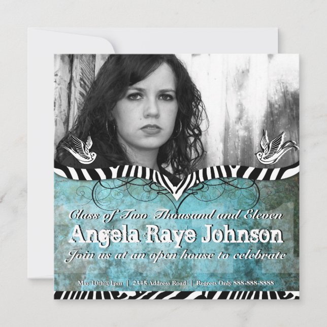 Convite Urban & Hip Tattoo Blue Grunge & Zebra Convida (Frente)