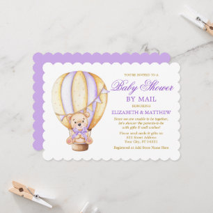 Convite Ursa Balão de Ar Roxo Dourado Chã de Bebê pelo Cor