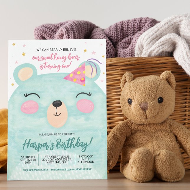 Convite Ursa de Mel Rosa Aniversário  (You can create plenty of honey for the big day with our bear birthday invitation!)