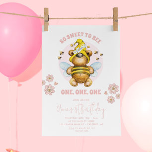 Convite Ursa de Mel Rosa Doce Para Abelha 1º Aniversário