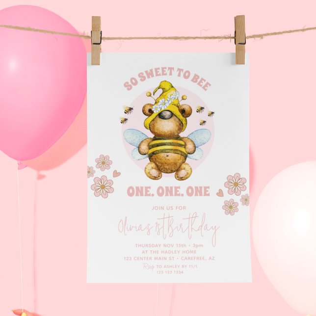 Convite Ursa de Mel Rosa Doce Para Abelha 1º Aniversário (Criador carregado)