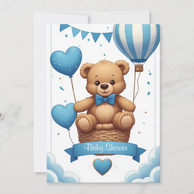 Convite Ursa de pelúcia azul fofa para chá de bebê 🧸 (Frente)