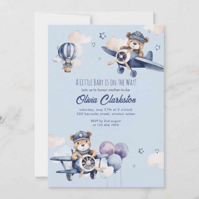 Convite Ursa de pelúcia azul suave clara Aeronave Chuveiro (Frente)