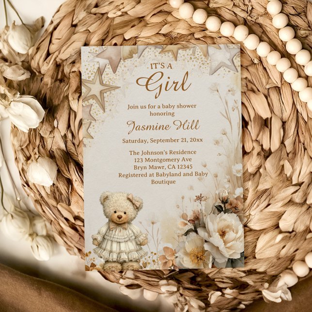 Convite Ursa de pelúcia floral É uma menina Chá de bebê (Criador carregado)