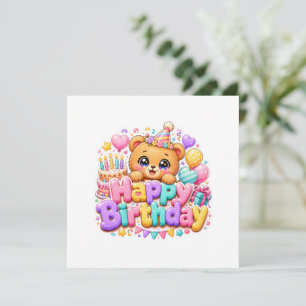Convite Ursa de pelúcia fofa Kawaii Feliz Aniversário Rosa