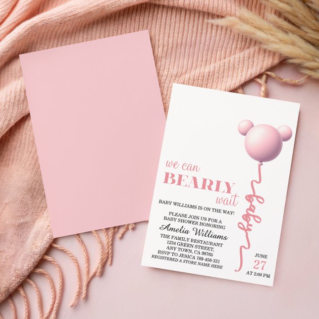 Convite Ursa Rosa Suave Balão de Teddy Menina (Criador carregado)