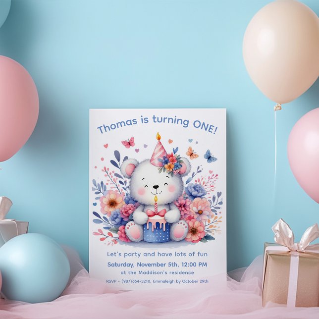 Convite Ursa Teddy Fofa de 1º Aniversário (Criador carregado)