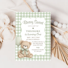 Convite Ursa Verde Doce Balão Primeiro Aniversário Teddy