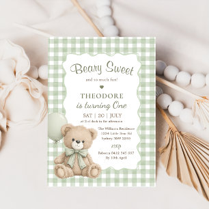 Convite Ursa Verde Doce Balão Primeiro Aniversário Teddy