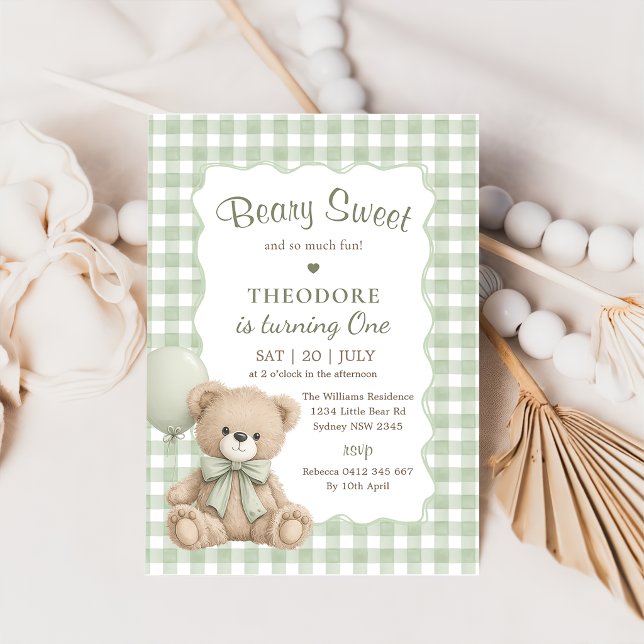 Convite Ursa Verde Doce Balão Primeiro Aniversário Teddy (Criador carregado)