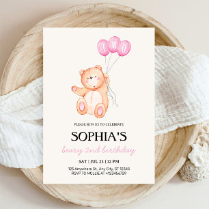 Convite Ursinho Balão Rosa Aniversário de 2 Anos Teddy