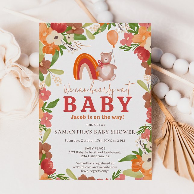 Convite Ursinho bonitinho esperando chá de fraldas arco-ír (Cute teddy bear bearly wait rainbow baby shower invitation)
