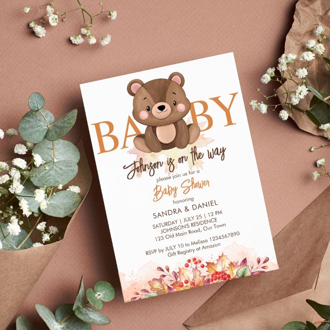 Convite Ursinho chá de fraldas bonitinho do urso Teddy (Teddy bear fall baby shower template invitation instant download autumn foliage brown color)