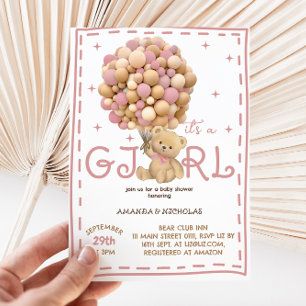 Convite Ursinho com Balões Chuveirinho de Bebê Menina Rosa