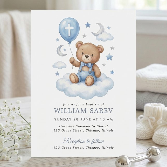 Convite Ursinho de Aquarela Batismo Lua e Estrelas Limpo (Teddy Bear Christening Invitation for Boy in Blue with Moon and Stars)