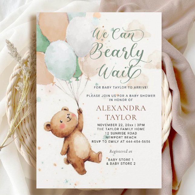 Convite Ursinho  de bebê Chá verde de espera (bearly wait baby shower invitation boy sage green balloons whimsical calligraphy watercolor teddy)