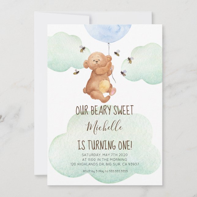 Convite Ursinho de Pelúcia Abelhas Beary Doce Bebê Anivers (Frente)