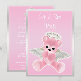 Convite Ursinho de pelúcia Anjo Rosa Sip & See