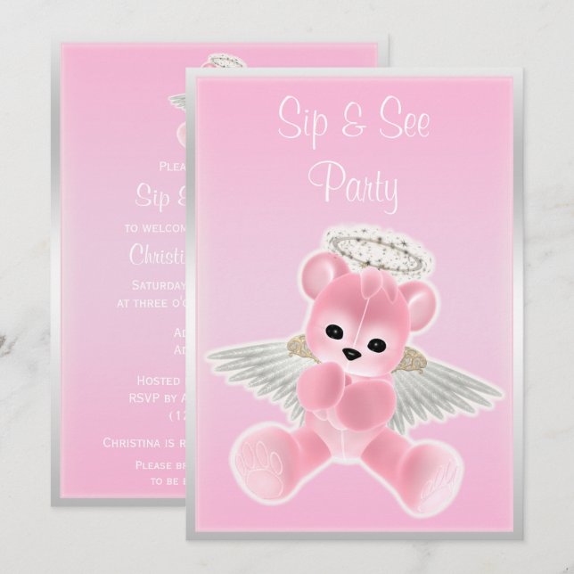 Convite Ursinho de pelúcia Anjo Rosa Sip & See (Frente/Verso)
