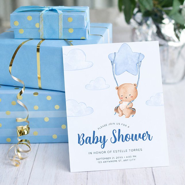 Convite Ursinho de Pelúcia Azul com Balão em Forma de Estr (Blue Teddy Bear with Star Balloon Boy Baby Shower Invitation, Oh Baby Invitation)