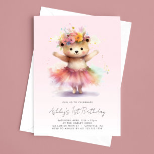 Convite Ursinho de Pelúcia Bailarina Rosa 1º Aniversário