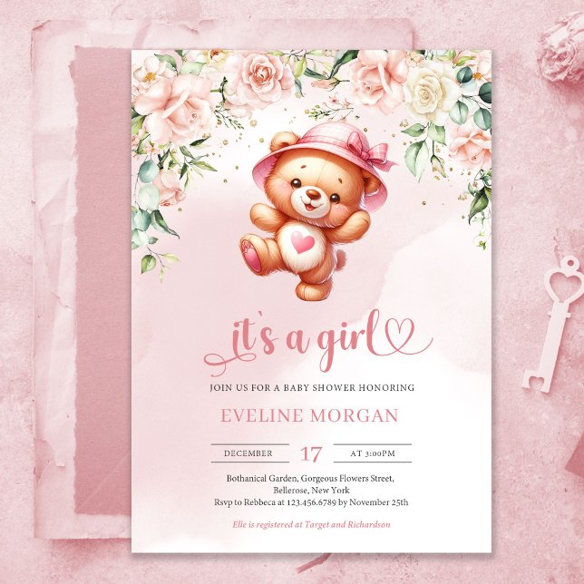 Convite Ursinho de pelúcia bonito e brincalhão no chá de f (Cute playful teddy bear girl baby shower invitation with heart shaped font)