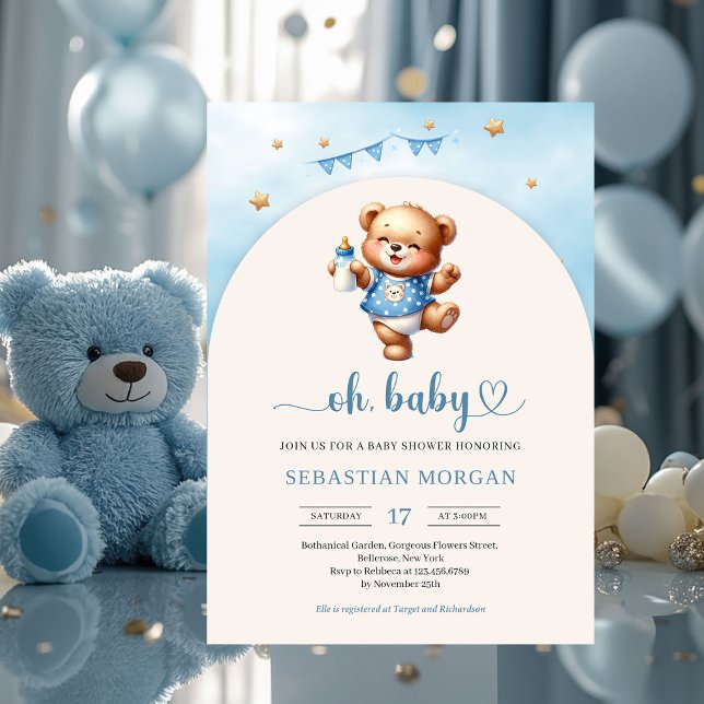 Convite Ursinho de pelúcia com gravura (watercolor playful teddy bear with baby bottle boy baby shower invitation)