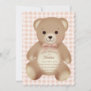 Convite Ursinho de pelúcia laço Gingham Rosa Antigo
