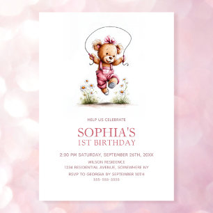 Convite Ursinho de pelúcia para menina alegre 1º aniversár