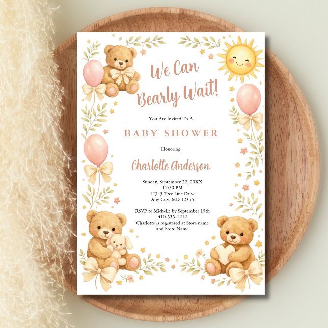 Convite Ursinho de pelúcia para meninas Mal podemos espera (Girls Teddy Bear, We Can Bearly Wait Baby Shower Invitation. Printed or Digital Download)