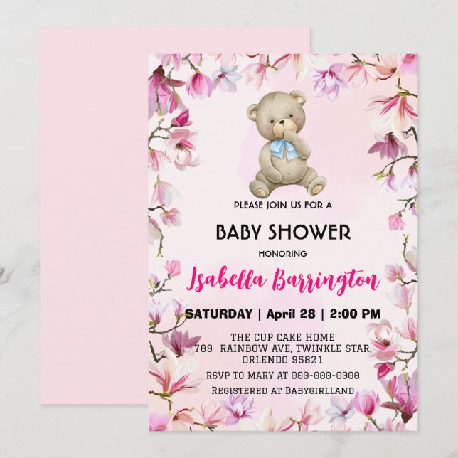 Convite Ursinho-de-pelúcia-rosa flores chás de fraldas (Frente/Verso)
