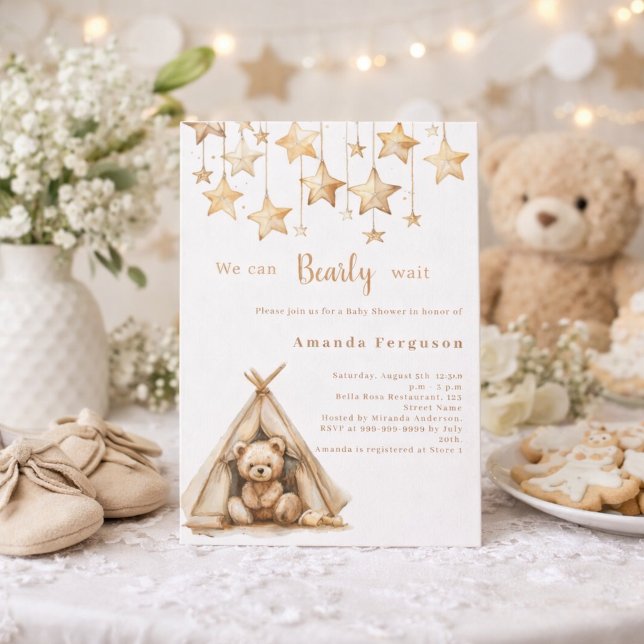 Convite Ursinho estrelas tenda boho Baby Shower (Criador carregado)