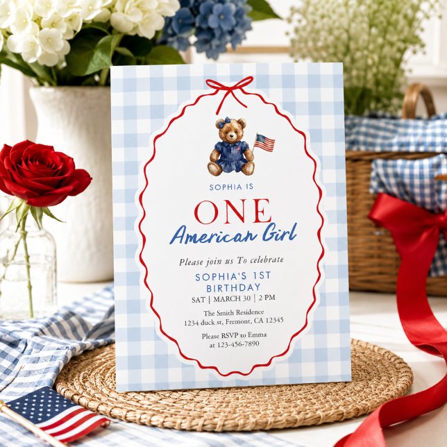 Convite Ursinho Patriótico Chic Menina Navy Gingham 1º  (Criador carregado)