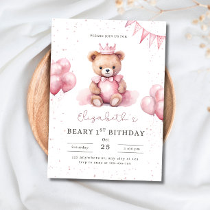Convite Ursinho Princesa Teddy Beary 1º Aniversário Rosa M