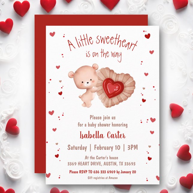 Convite Ursinho Querido Pequeno Vermelho Chá de Bebê do Di (Little Sweetheart Bear Red Valentines Baby Shower Invitation)