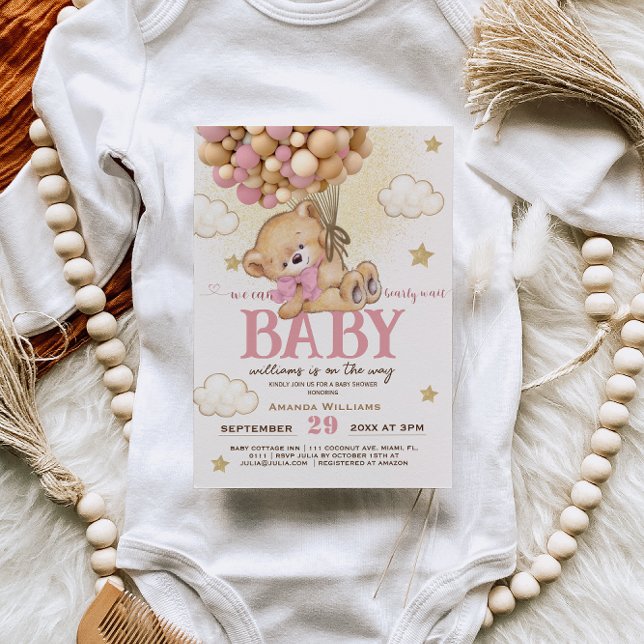 Convite Ursinho Rosa Balões Ursinho Mal Mal Espera Menina  (Criador carregado)