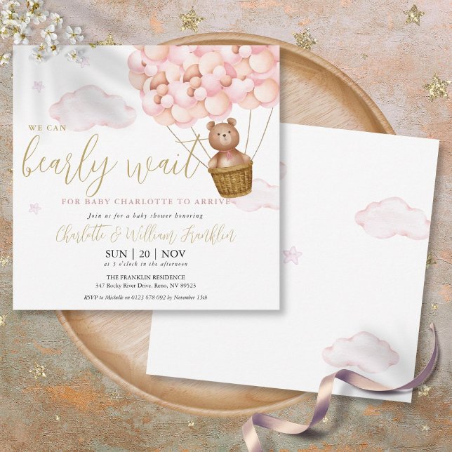 Convite Ursinho Rosa Mal Pode Esperar Menina Ursinho de Pe (Pink Bearly Wait Teddy Bear Girl Baby Shower Invitation)