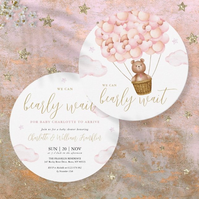 Convite Ursinho Rosa Menina Mal Pode Esperar Chá de Bebê U (Pink Girl Bearly Wait Teddy Bear Baby Shower Invitation)