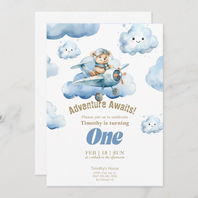 Convite Ursinho Sky-High First Birthday Adventure (Frente/Verso)
