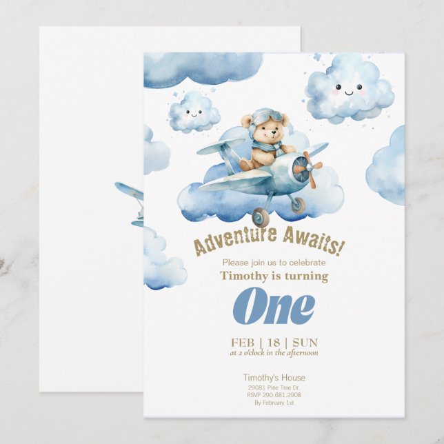 Convite Ursinho Sky-High First Birthday Adventure (Frente/Verso)