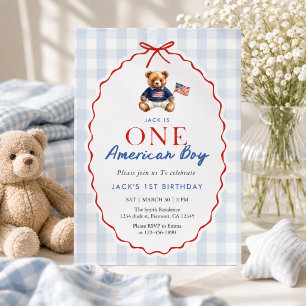 Convite Ursinho Teddy Americano Préppy Azul Xadrez Menino