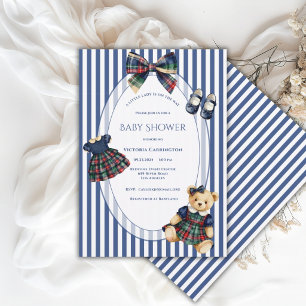 Convite Ursinho Teddy Senhora Pequena Azul e Branco Vintag