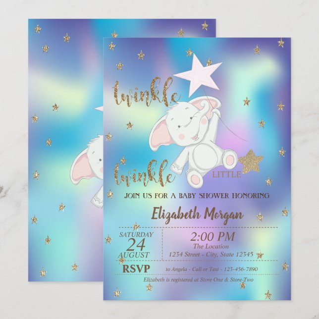 Convite Ursinho Twinkle Little Star Holográfico Chá de Beb (Frente/Verso)