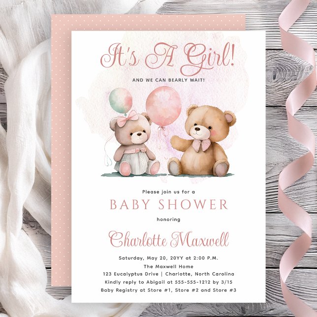 Convite Ursinhos de pelúcia É uma menina Mal podemos esper (Teddy Bears Balloons It's A Girl Bearly Wait Baby Shower Invitation -- Print | Digital Download)