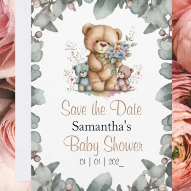 Convite Ursinhos Gêmeos Aquarela Verde a Data (Celebrate your little cub's arrival with our Beary Cute teddy bear baby shower invitations! )