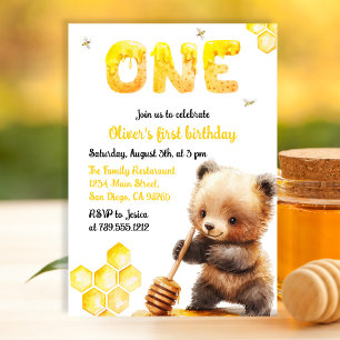 Convite Urso Amarelo Doce Aquarela Mel Primeiro Aniversári