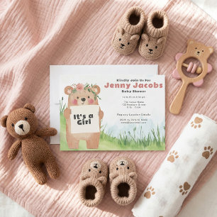 Convite Urso Aquarela, é um Chá de fraldas rosa-menina