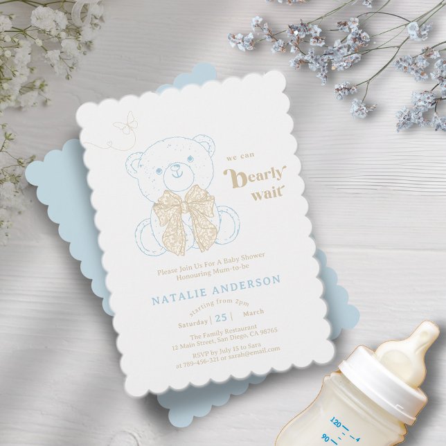 Convite Urso Azul Bonito Que Podemos Banhar Chá de fraldas (Cute Blue Bear We Can Bearly Wait Baby Shower Invitation)