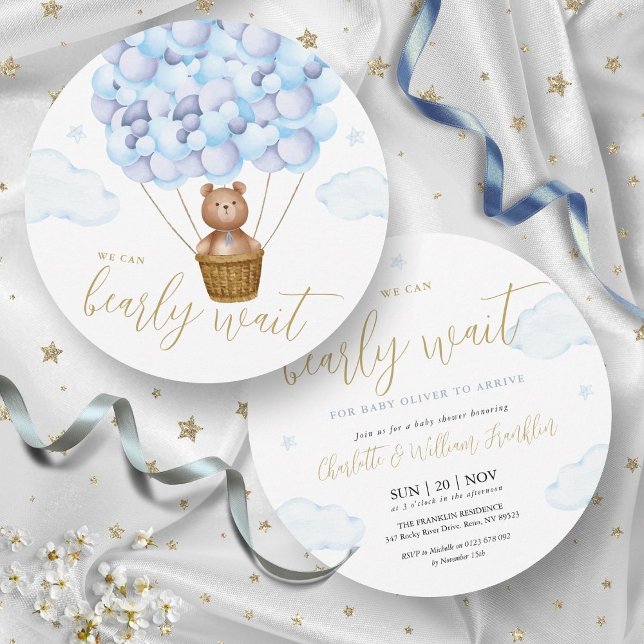 Convite Urso Azul Menino Mal Pode Esperar Urso de Pelúcia  (Blue Boy Bearly Wait Teddy Bear Baby Shower Invitation)